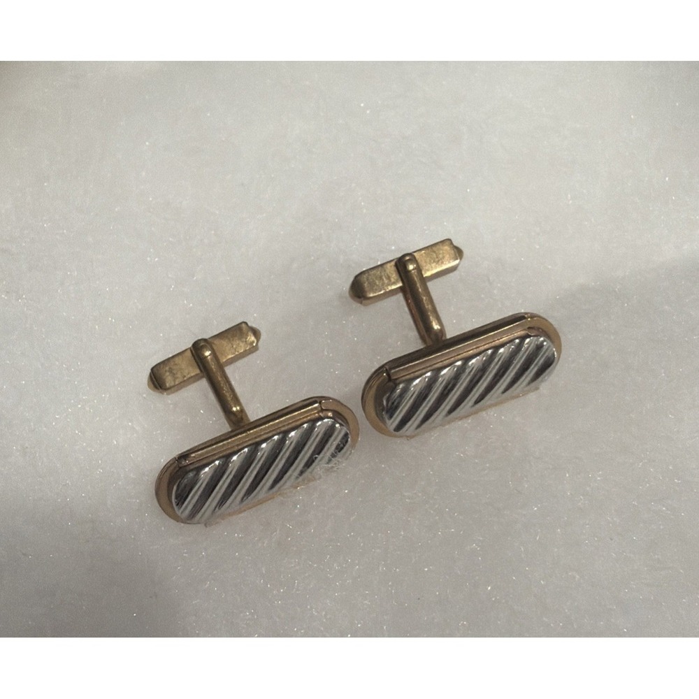 Vintage Swank Silver Gold Tone Cufflinks Oblong Diagonal Stripe Classic 1960s